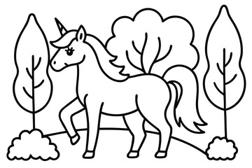 Naklejka premium Smiling unicorn gracefully walks among two trees in a black and white nature scene