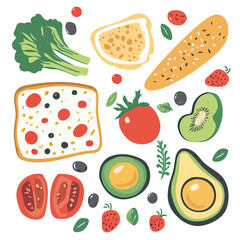Flat vector illustration of fresh healthy food ingredients including avocado, tomato, kiwi, leafy greens, bread, and berries in minimalist style for nutrition and diet concepts