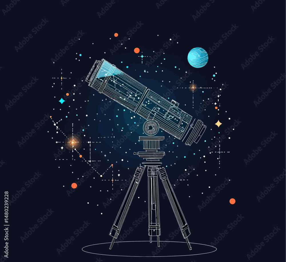 Poster vector illustration of a detailed telescope on tripod surrounded by starry sky with constellation li