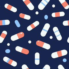 Seamless pattern of colorful red white and blue capsules and round pills on dark blue background in flat minimalist style vector illustration