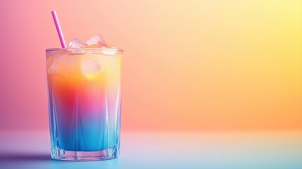 Colorful Gradient Cocktail in Glass with Ice and Straw Against Vibrant Background