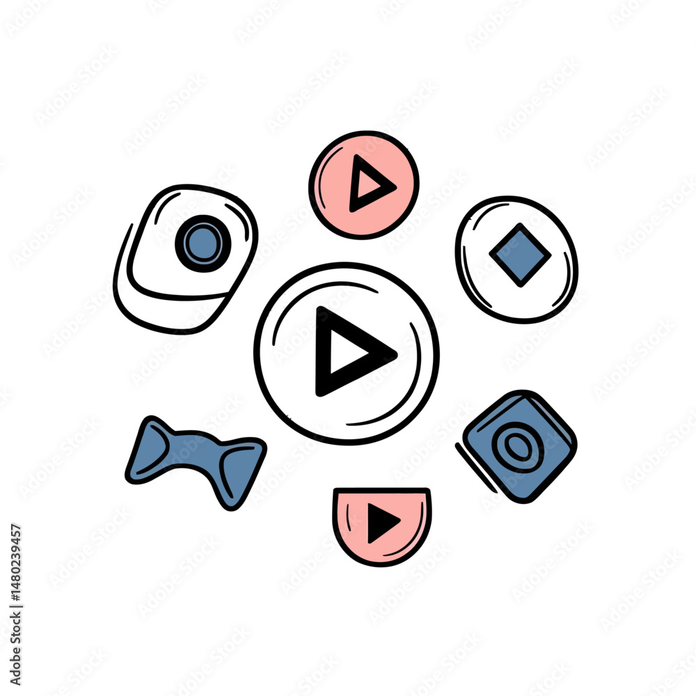 Poster hand-drawn playful media control icons with play buttons and geometric shapes in pink and blue outli