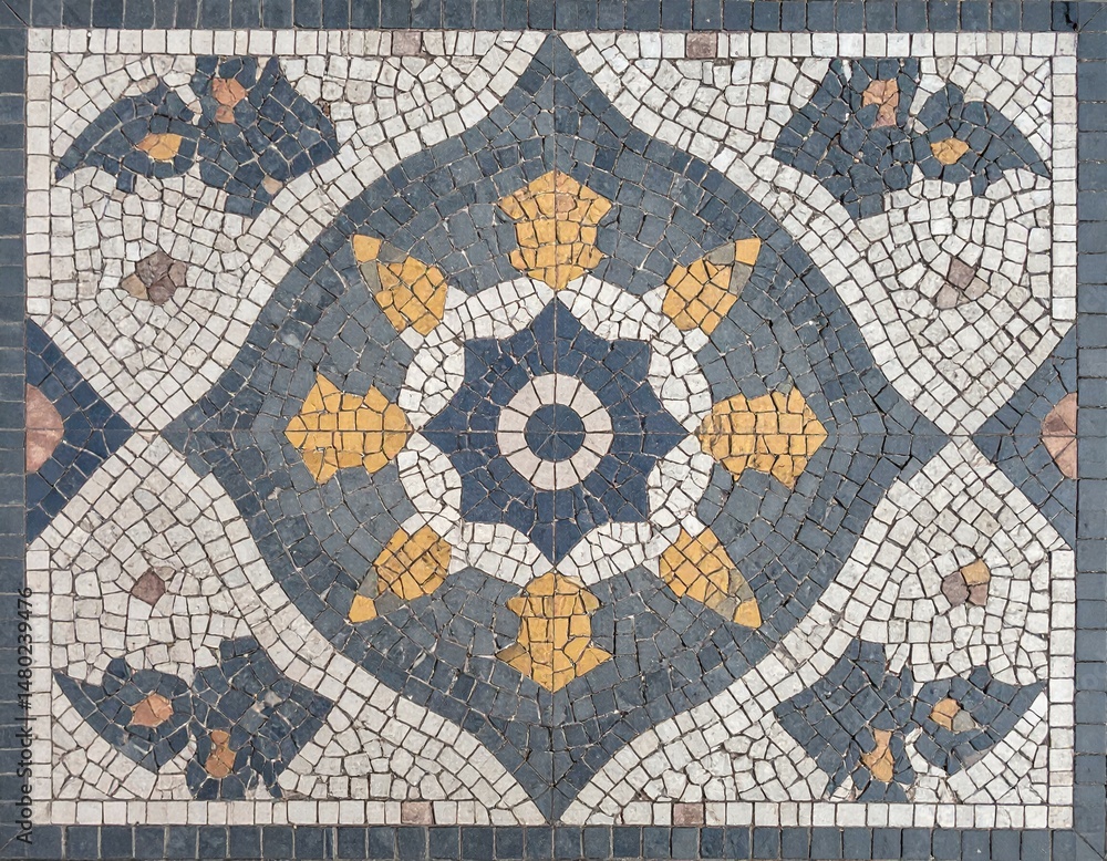 Poster detailed close-up shot of an intricate mosaic tile floor. the design features geometric patterns in 