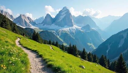 Stunning panoramic view of the Dolomites plateau, hiking trails winding through alpine meadows and rocky peaks , high altitude, calm