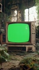 Old TV with green screen and copy space vertically 9:16