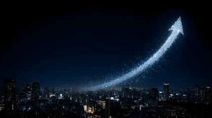 streaking into the sky with business skyline silhouette and financial data overlays