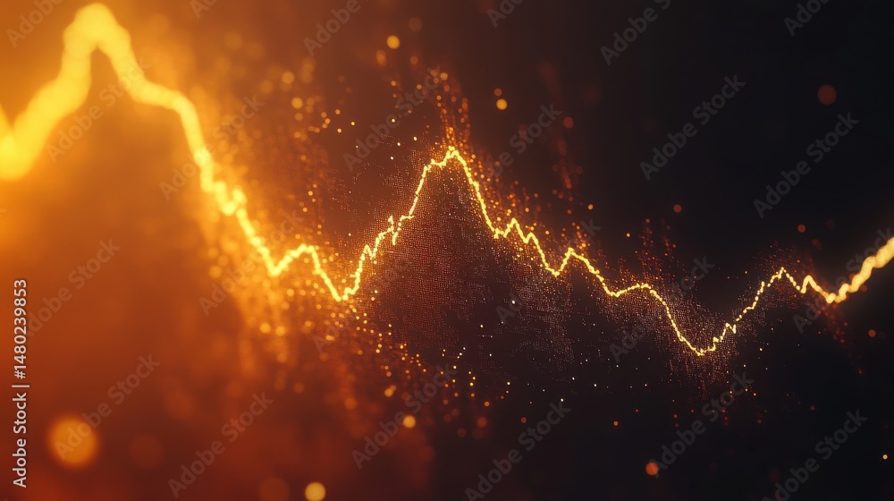 Poster glowing abstract line graph with sparkles and warm color palette