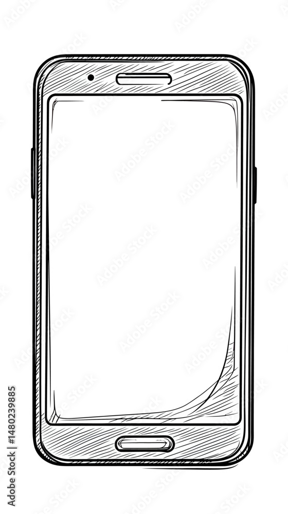Poster hand drawn sketch outline of modern smartphone front view with blank screen and physical home button