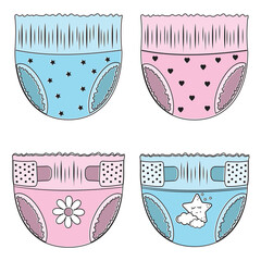Cartoon-style baby absorbent diapers. Vector illustration for packaging diapers and other products for newborns