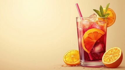 Refreshing Citrus Beverage with Ice and Orange Slices on a Soft Neutral Background
