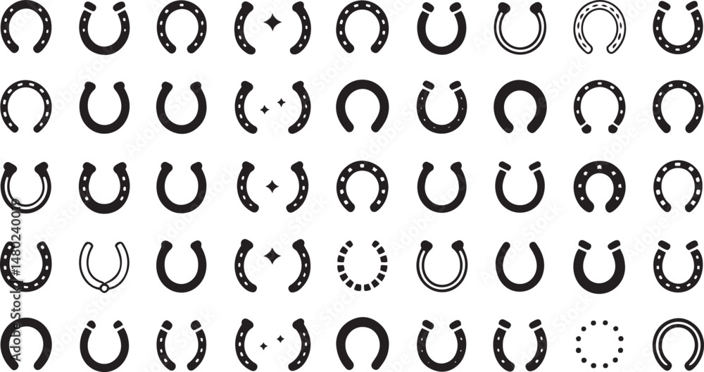 Poster horseshoe icon set illustrating luck symbols in vector format for cultural and design applications