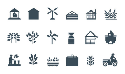 Farm agriculture icons set including greenhouse, crops, windmill, farmer, tractor, plant growing, seedling, and field in simple flat vector style for farming concepts