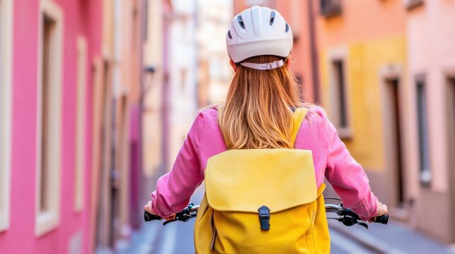 Young Woman Riding Bicycle Through Colorful Alley in Urban Setting