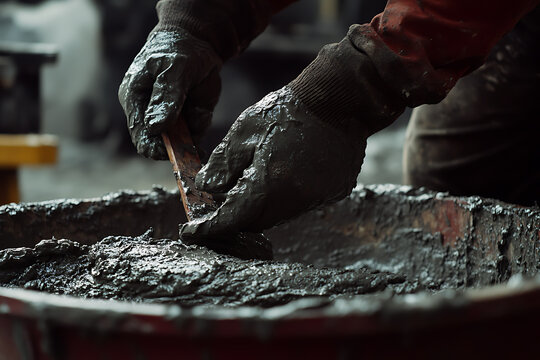 Worker Mixing Cement in a Wheelbarrow