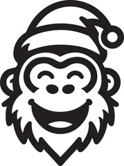 A smiling monkey head with a Santa hat outline vector illustration.