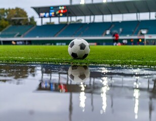 Soccer ball on wet grass near a stadium reflecting in a puddle.  Rainy day sports image.