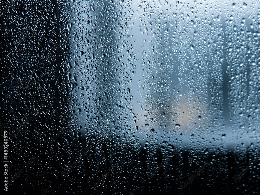 Poster close-up view of raindrops on a windowpane.
