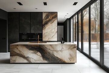 Modern kitchen with marble island and large windows.