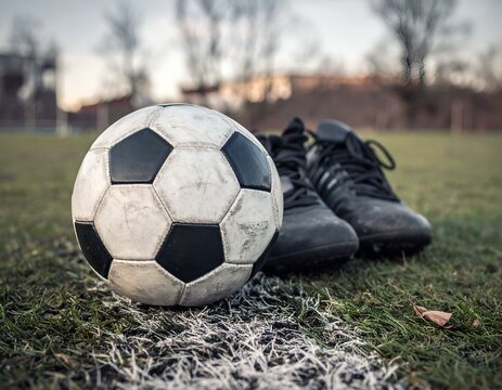 Soccer ball and cleats rest on the field's edge, marking the end of a game.  A moment of quiet reflection after the final whistle.