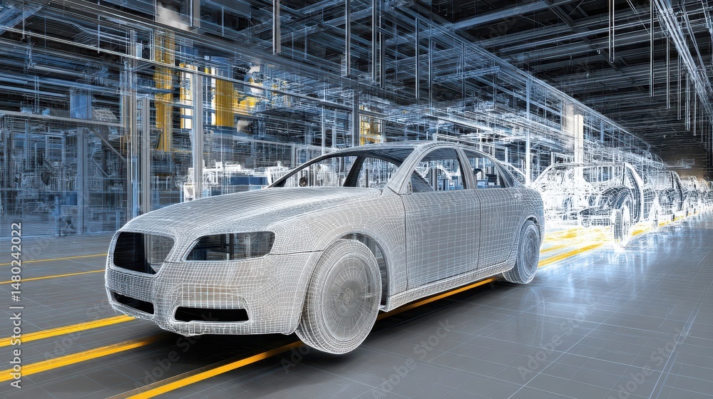 Poster conceptual image of a car on an automated production line.