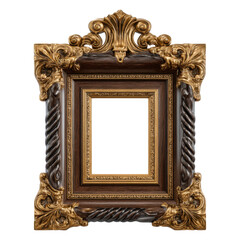 Ornate vintage photo frame with intricate carvings and luxurious gold accents isolated on a white background