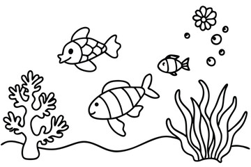 Three cute cartoon fish swim near coral reefs and seaweed under the sea