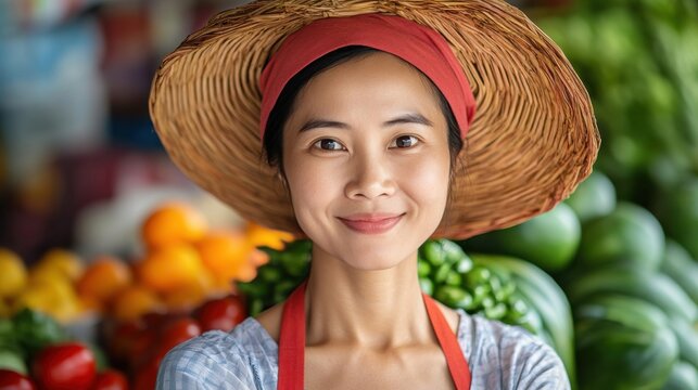Smiling woman with straw hat at vibrant vegetable market stall