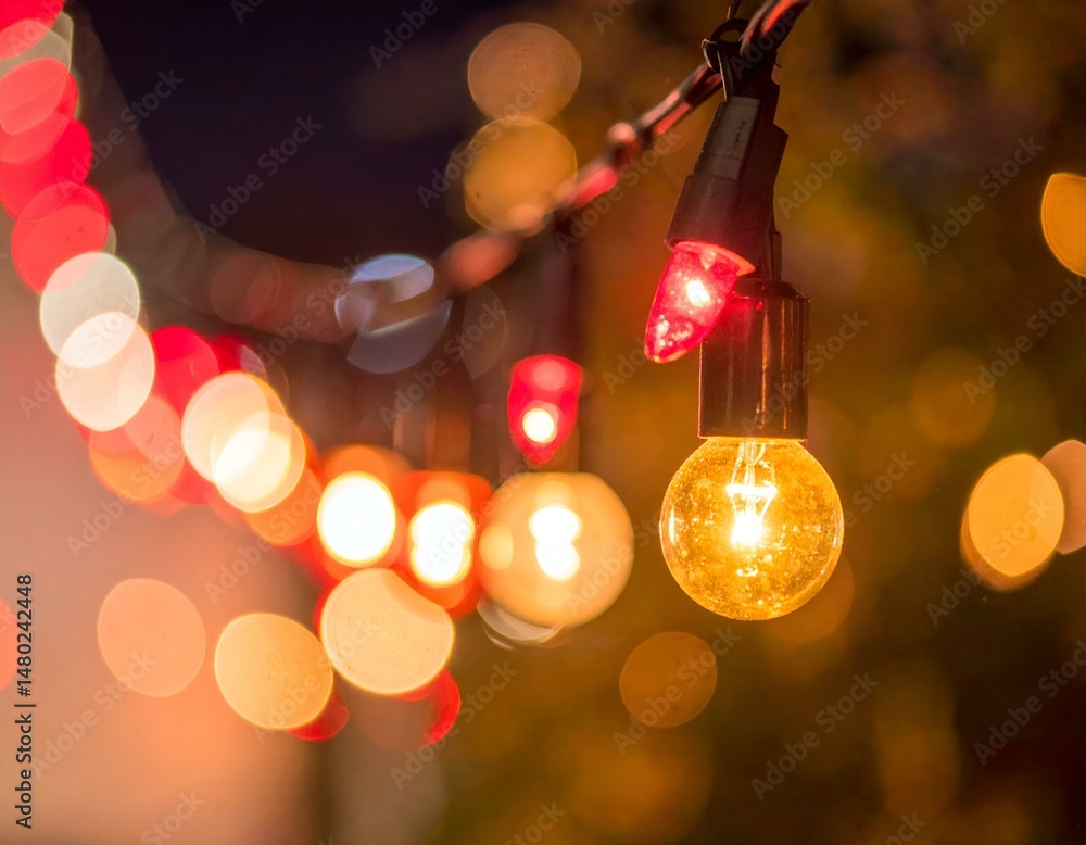Poster warm, glowing string lights illuminate the night, creating a magical bokeh effect. perfect for holid