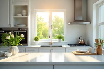A sparkling clean kitchen counter, sunlight streaming in, showcasing gleaming appliances and freshly wiped surfaces , order, shine