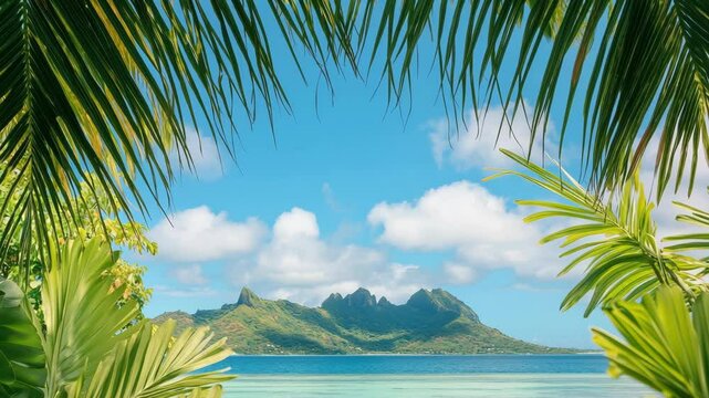 Tropical Island Vista Framed by Palms Sunny Paradise Scene