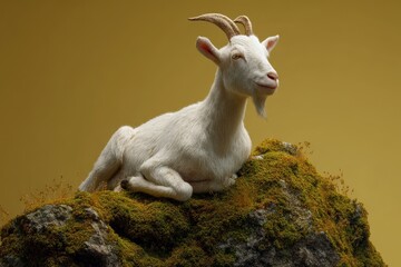 Fototapeta premium A serene white goat resting on a mossy rock.