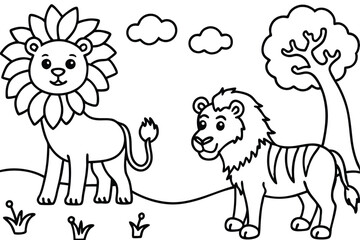 Two outline lions rest near a tree under some clouds on a white backdrop