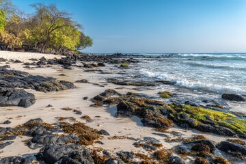 Tropical beach panorama with black volcanic rocks covered in brown seaweed, lush green vegetation and palm trees under azure sky.