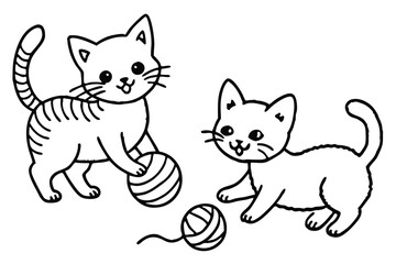 Obraz premium Two playful outlined cartoon cats are enjoying yarn balls with transparent background