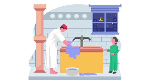 Arabic Boy performing ablution animation, Person Preparing himself for prayer wadu animated video, Eid al-Adha Clip, Eid-al-Kabir Hajj footage Traditional Arabic Muslims Festival motion graphics