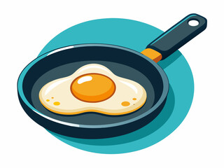 A frying pan with a sunny-side-up egg cooking inside. White background, simple breakfast utensil design