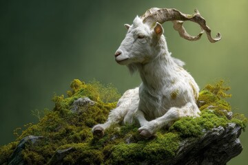A resting wild goat atop mossy rocks.