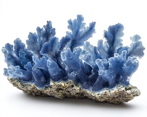 Vibrant blue coral formation showcasing intricate textures and shapes, set against a neutral background