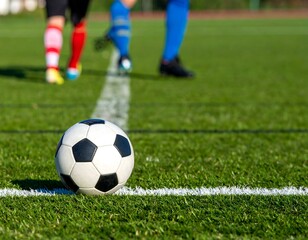 Fototapeta premium Soccer ball on the field near the sideline. Blurred soccer players in the background.