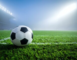 Soccer ball on foggy stadium field at night.  Ready for kickoff!