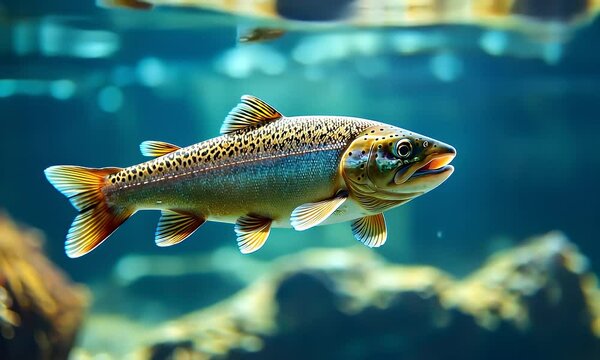 Brown Trout with Orange Fins Spotted Scales Swimming Underwater with Rocks Creating a Blurry Background
