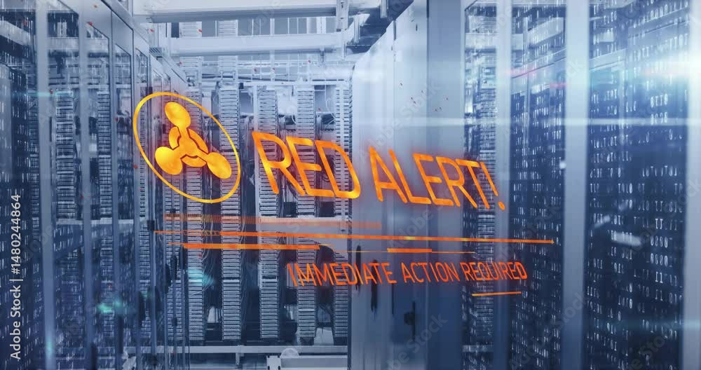 Poster digital warning overlay glowing on server racks, displaying binary streams and hazard icon