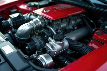 Close-up of car engine components, gleaming metal and intricate details , texture, close up, macro