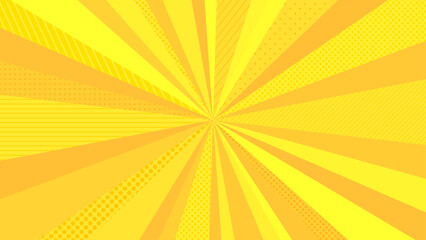 Yellowpop sunburst background with polka dots. Pop bright concentrated line background and promotional template.