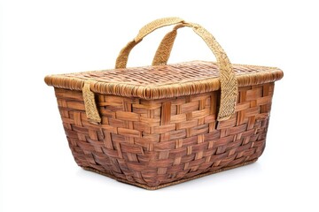 Wicker picnic basket with lid isolated on white background