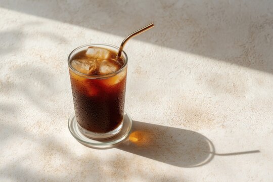 Refreshing iced coffee in a glass with a metal straw, illuminated by natural light and casting shadows on a textured surface.