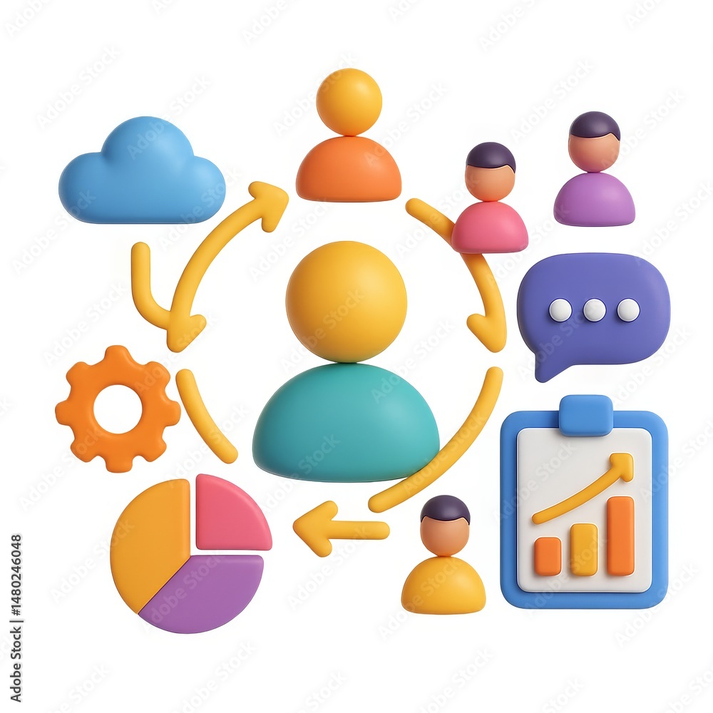 Poster 3d style customer management concepts with colorful icons and symbols