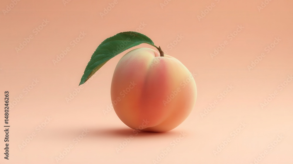 Poster a peach with a leaf, presented against a soft backdrop.
