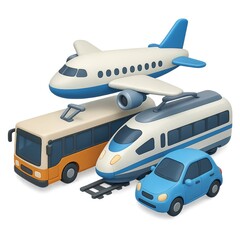 3D Transport Hub with Airplane, Train, Bus, and Car Icons