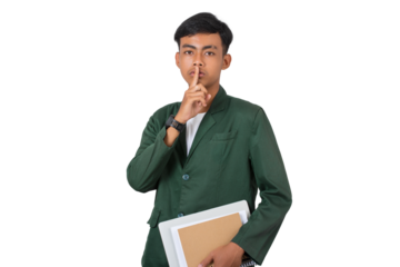 Young college student finger on lips asks to be quiet isolated background